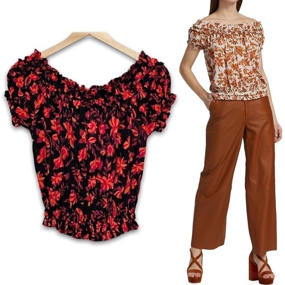 NWT FREE PEOPLE 70s Smocked Off Shoulder Floral Short Sleeve Blouson Crop Top S - Picture 3 of 11